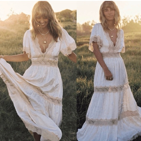 Spell Dresses & Skirts - Spell Cream Maxi Dress with Beige Lace Trim